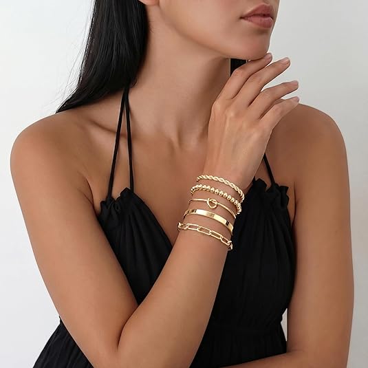 Gokeey Gold Bracelets Set for Women Non Tarnish, Waterproof 14K Gold Plated Sterling Silver Chunky Cuff Bracelet Stackable Gold Bangles Bracelet for Women