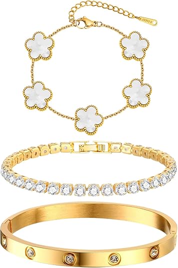 Womens Stackable Floral Gold Bracelets - 3Pcs 18K Gold Plated Bracelet,Stainless Steel Bangle Bracelets Non Tarnish, Gold Bracelet Set Trendy Jewelry,Christmas Valentines Birthday Gifts for Girlfriend