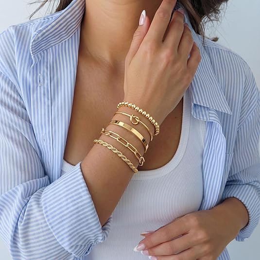 Gokeey Gold Bracelets Set for Women Non Tarnish, Waterproof 14K Gold Plated Sterling Silver Chunky Cuff Bracelet Stackable Gold Bangles Bracelet for Women