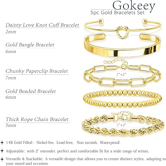 Gokeey Gold Bracelets Set for Women Non Tarnish, Waterproof 14K Gold Plated Sterling Silver Chunky Cuff Bracelet Stackable Gold Bangles Bracelet for Women
