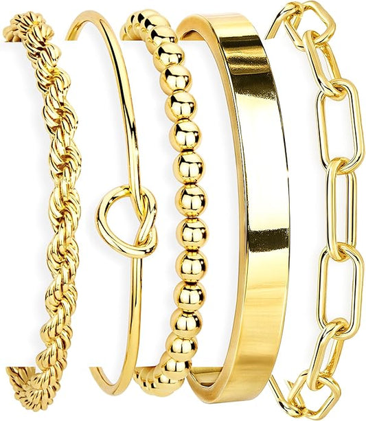 Gokeey Gold Bracelets Set for Women Non Tarnish, Waterproof 14K Gold Plated Sterling Silver Chunky Cuff Bracelet Stackable Gold Bangles Bracelet for Women