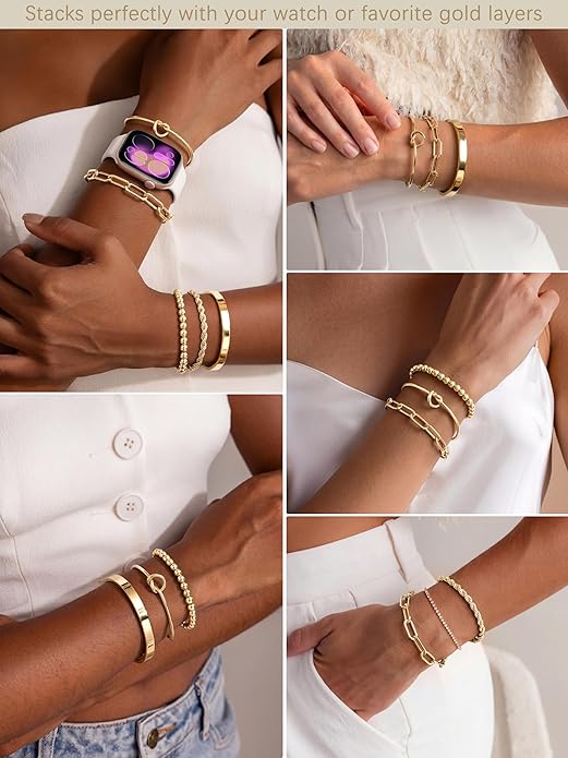 Gokeey Gold Bracelets Set for Women Non Tarnish, Waterproof 14K Gold Plated Sterling Silver Chunky Cuff Bracelet Stackable Gold Bangles Bracelet for Women