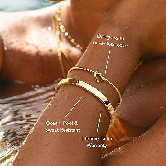 Gokeey Gold Bracelets Set for Women Non Tarnish, Waterproof 14K Gold Plated Sterling Silver Chunky Cuff Bracelet Stackable Gold Bangles Bracelet for Women
